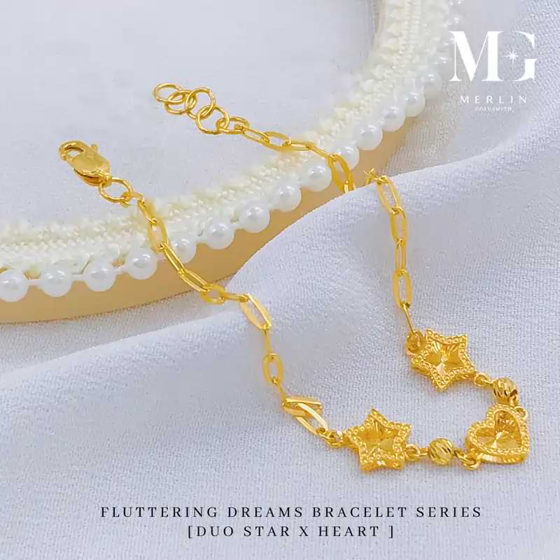 916 22K gold duo star and heart bracelet with delicate chain, elegant gold jewellery for women and special occasions.