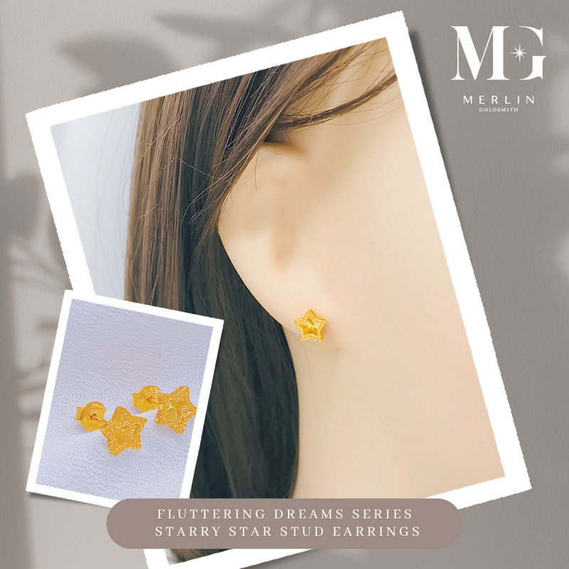 916 22K gold star stud earrings with a sparkling textured finish from the Fluttering Dreams Series, timeless gold jewellery gift for her.