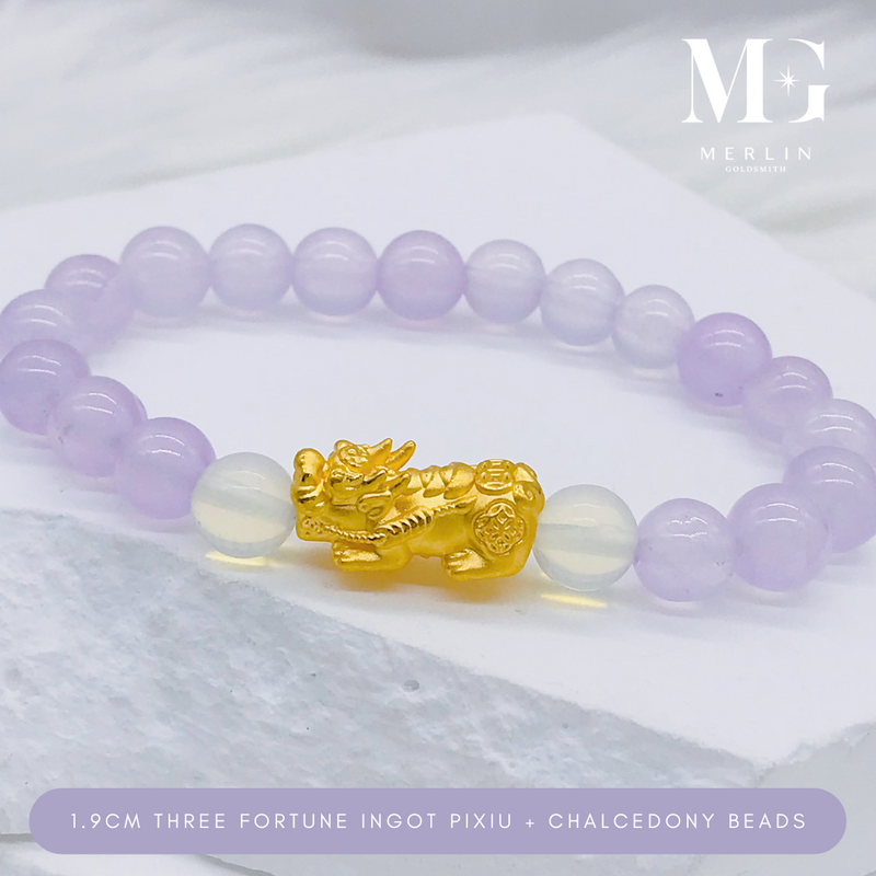 999 Pure Gold 1.9cm Three Fortune Ingot Pixiu Paired With 8mm Chalcedony & Moonstone Beads