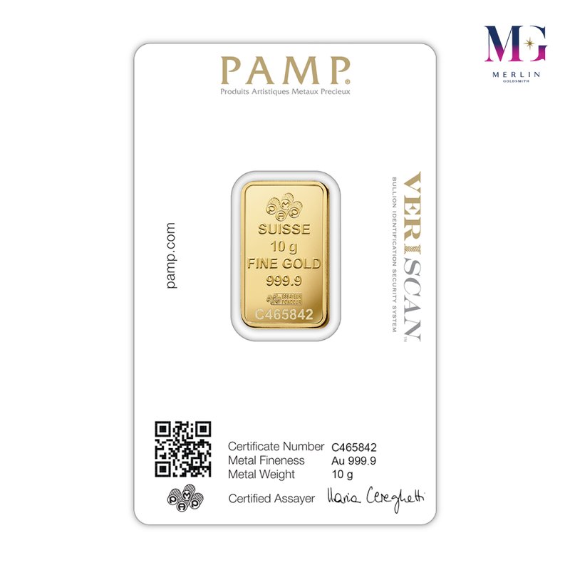 10g PAMP Suisse 999.9 fine gold bar in certified assay card with Veriscan from Merlin Goldsmith