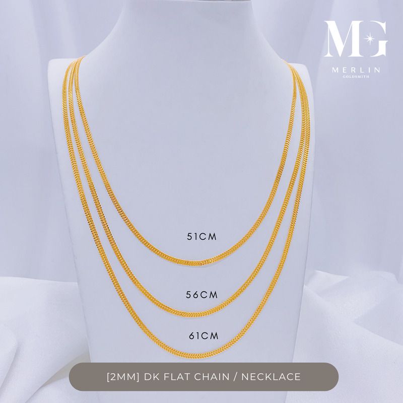 2mm DK flat gold chain necklace shown in three lengths, 51cm, 56cm and 61cm, on a display bust from Merlin Goldsmith