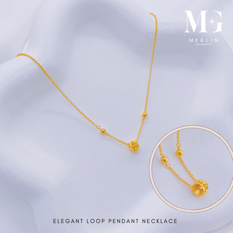 Elegant gold loop pendant necklace with a fine chain and two small gold beads, with a close up of the pendant from Merlin Goldsmith