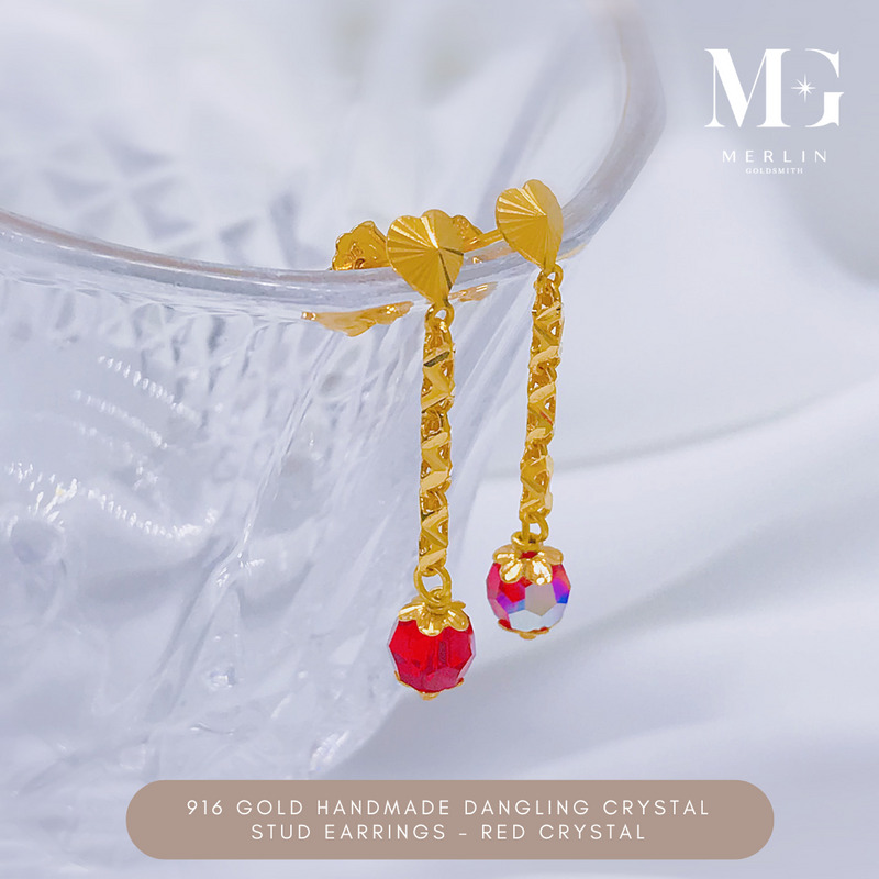916 gold handmade dangling crystal stud earrings with a heart top and a red crystal bead from Merlin Goldsmith