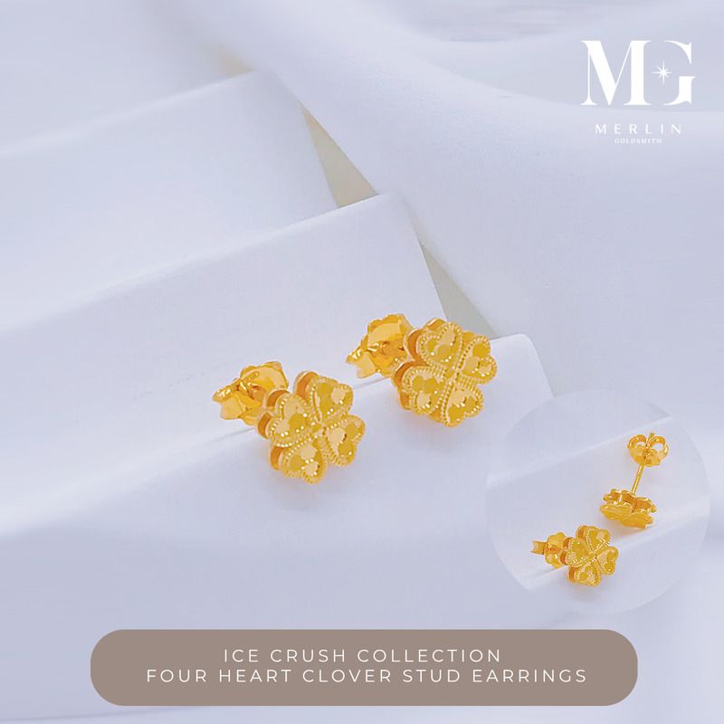 Gold four heart clover stud earrings with a textured Ice Crush finish from Merlin Goldsmith