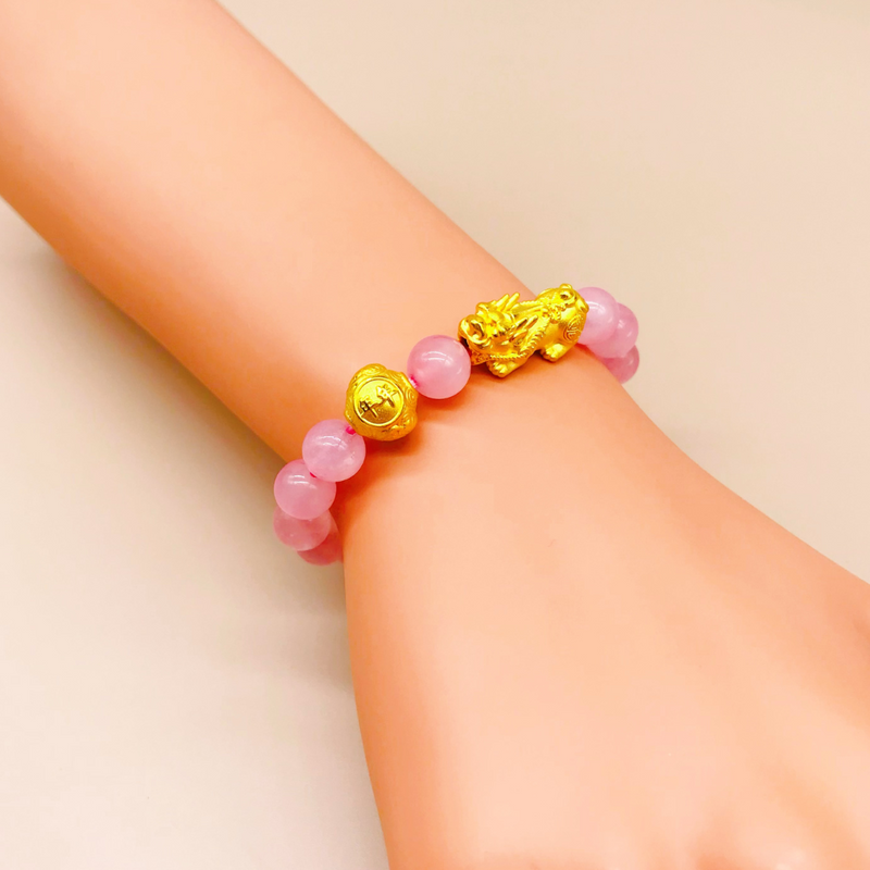 999 Pure Gold (2.1cm) Lucky Pixiu + 10mm Auspicious Fish Bead Paired With 8mm Pink Crystals Bracelet