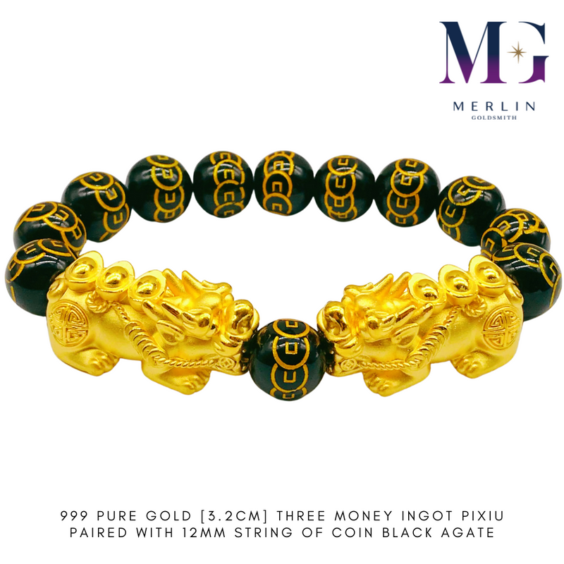 999 Pure Gold (3.2cm) Three Money Ingot Pixiu Paired With 12mm String Of Coin Black Agate Bracelet