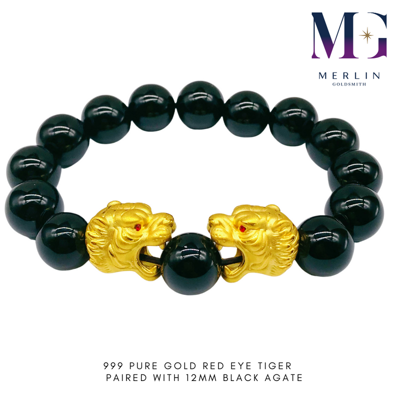 999 Pure Gold Red Eye Tiger Paired With 12mm Black Agate Beads