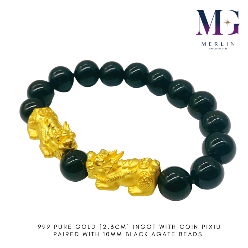 999 Pure Gold (2.3cm) Money Ingot + Coin Pixiu Paired With 10mm Black Agate