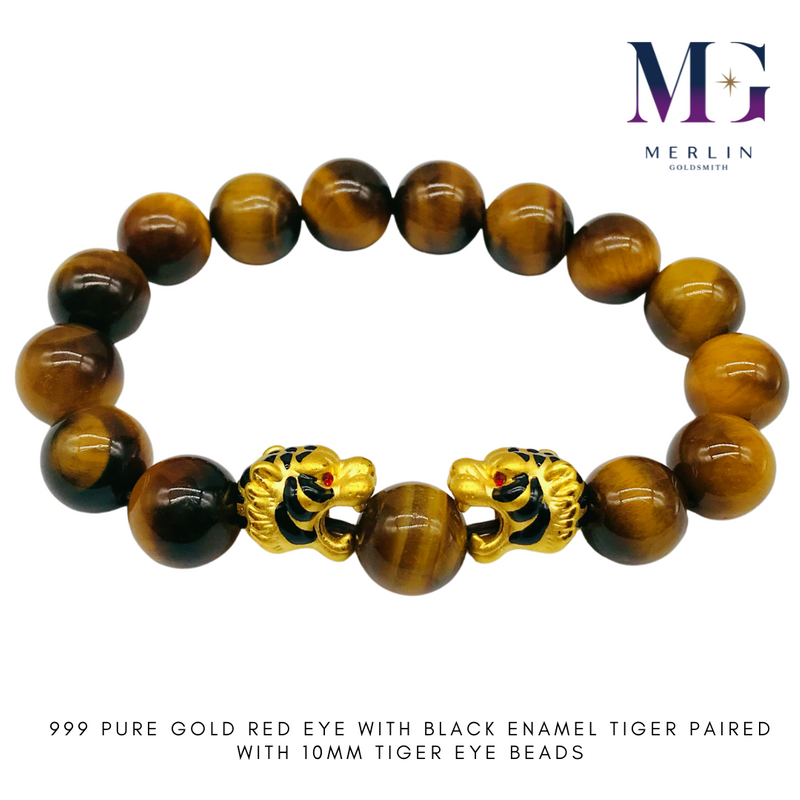 999 Pure Gold Red Eye With Black Enamel Tiger Paired With 10mm Tiger Eye Beads