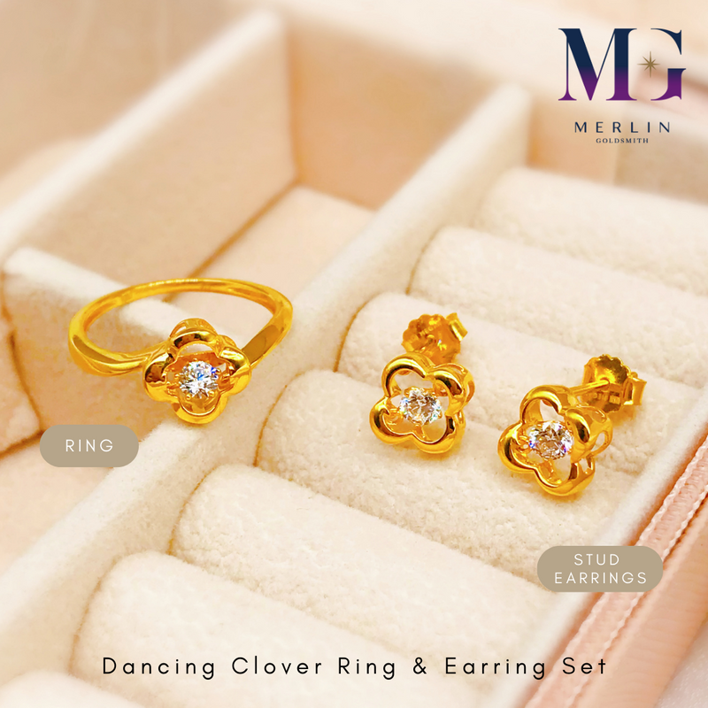 916 Gold Dancing Clover Ring & Earring