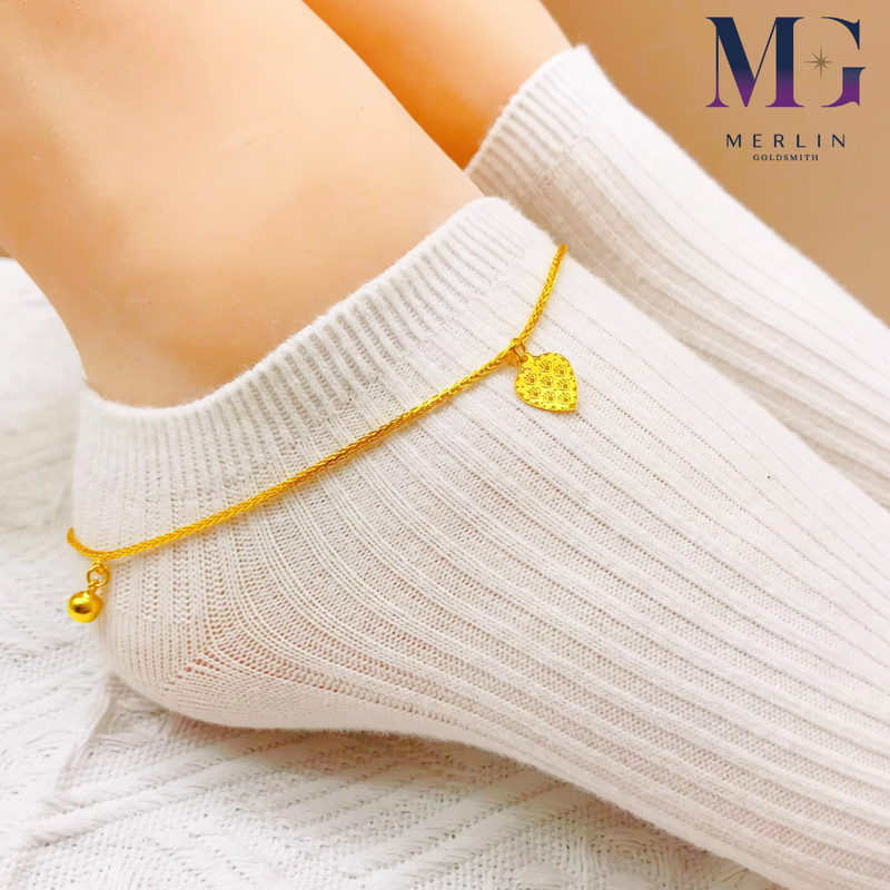 916 Gold Wheat Chain Anklet With Dangle Heart and Bell