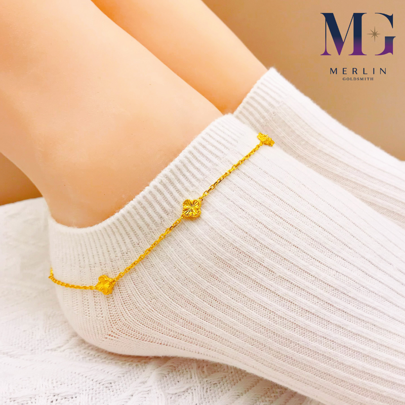 916 Gold Mini Clover Anklet With Dangling Bell and Heart Fan
