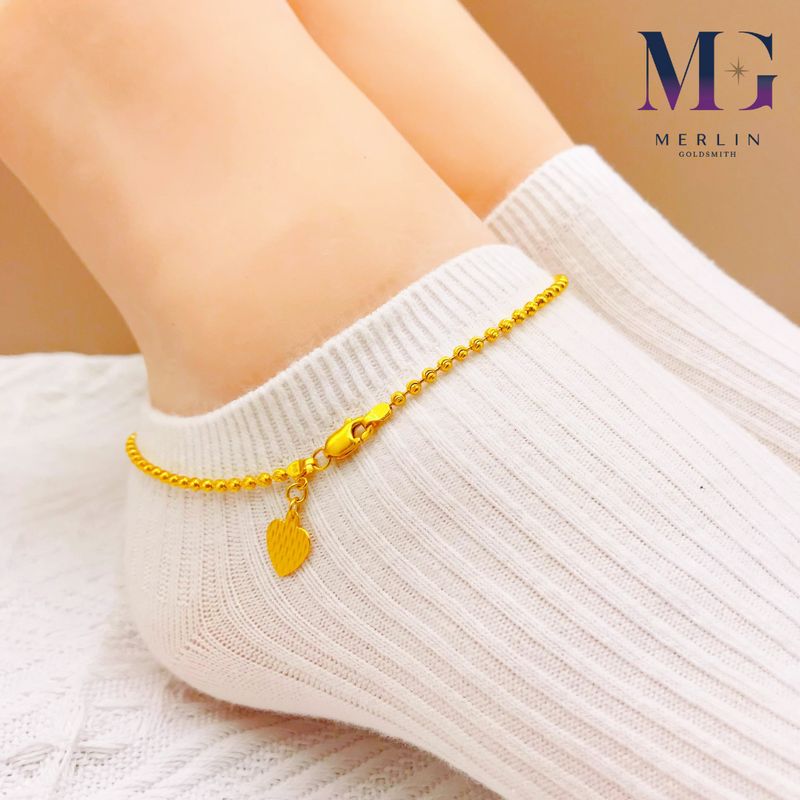916 Gold 2MM Beaded Anklet With Dangle Heart Fan	