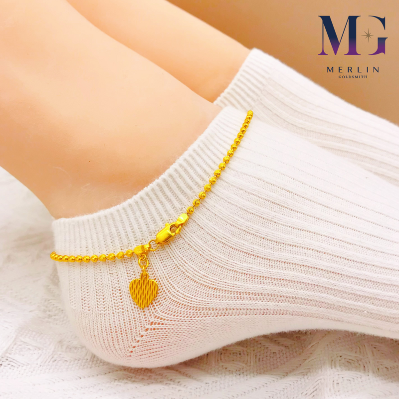 916 Gold 2MM Beaded Anklet With Dangle Heart Fan	