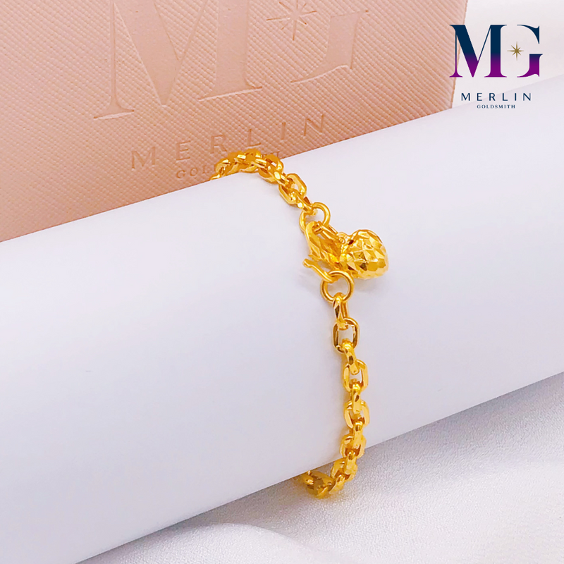 916 Gold (3mm) Hollow Cable Link Chain With Dangle Puff Heart Bracelet