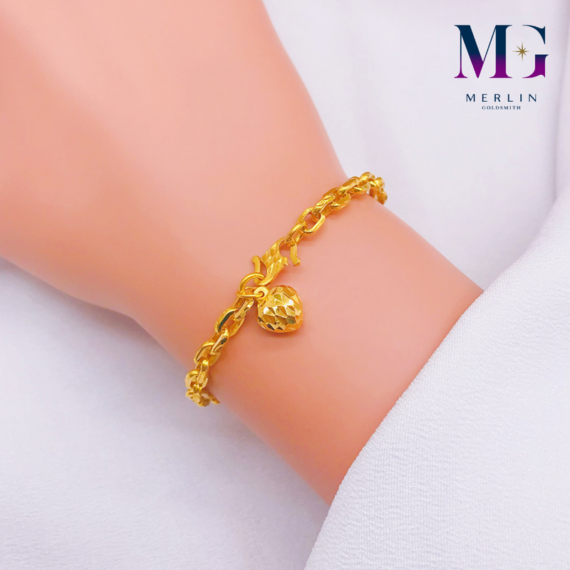 916 Gold (3mm) Hollow Cable Link Chain With Dangle Puff Heart Bracelet