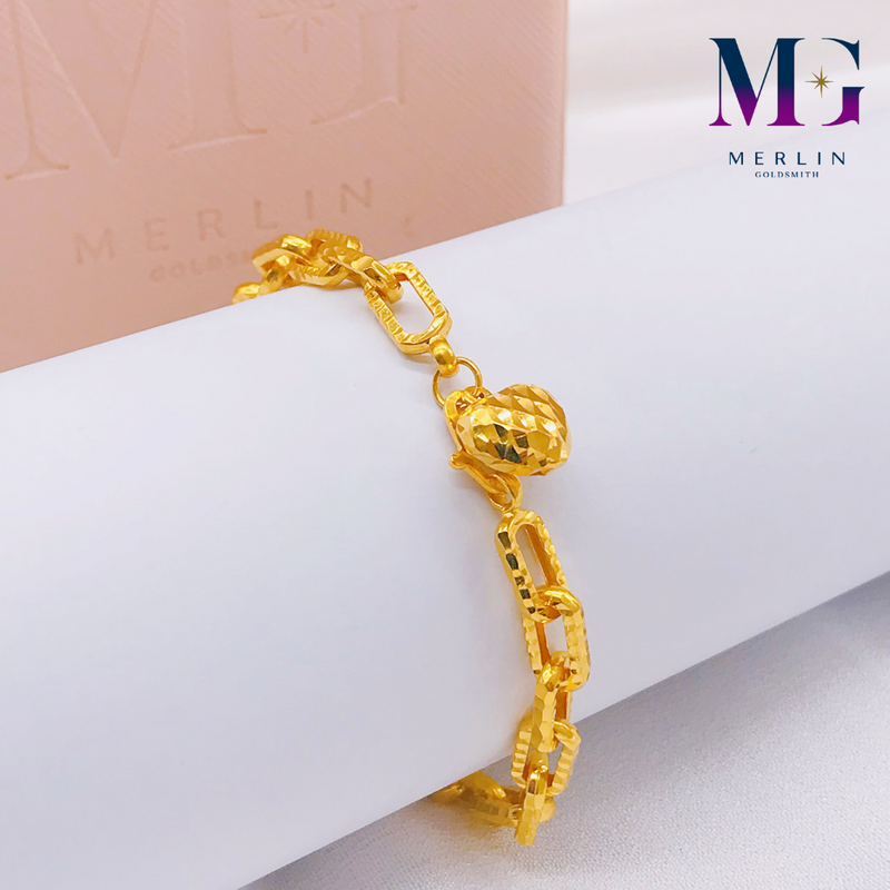 916 Gold (5mm) Hollow Link Chain With Dangle Puff Heart Bracelet