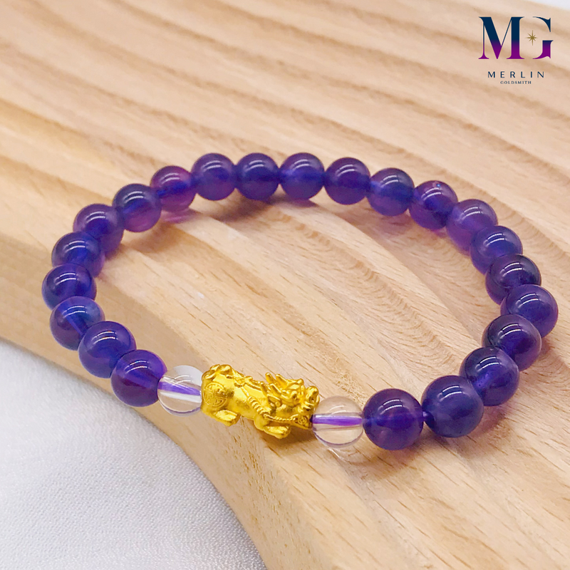 999 (24K) Pure Gold Lucky Pixiu Paired With Purple Crystal Beads Bracelet