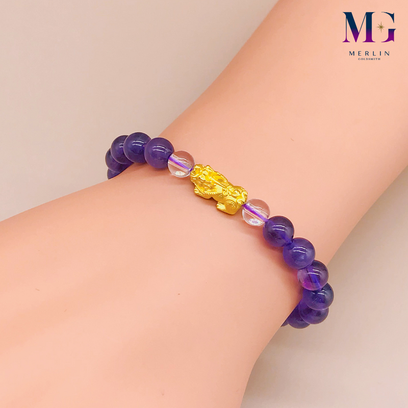 999 (24K) Pure Gold Lucky Pixiu Paired With Purple Crystal Beads Bracelet