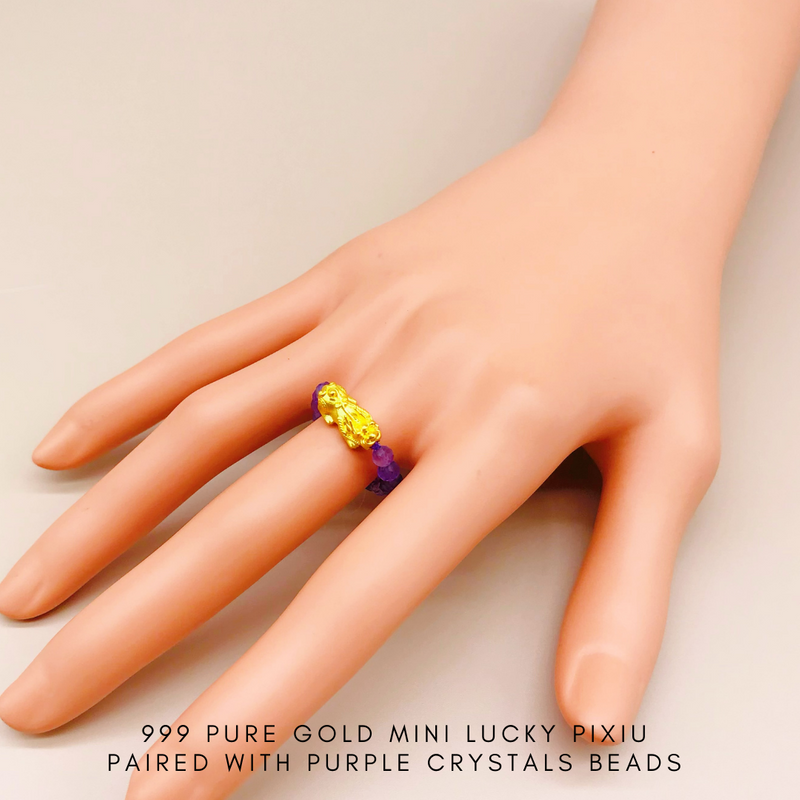 999 (24K) Pure Gold Mini Pixiu Paired With Purple Crystal Beads Ring