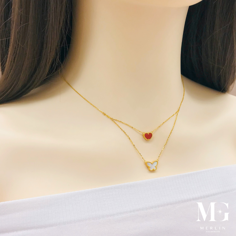 916 Gold Ginnie Series - Two Layer Necklace (Butterfly x Heart)