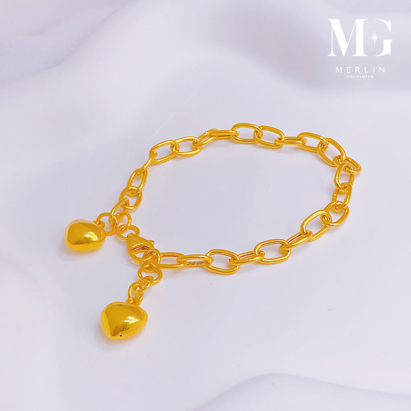 916 Gold Adjustable Kids Bracelet - Glossy Link Chain with Dangle Puffed Heart