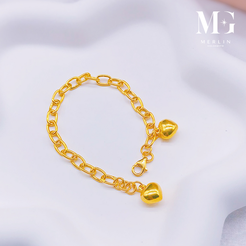 916 Gold Adjustable Kids Bracelet - Glossy Link Chain with Dangle Puffed Heart