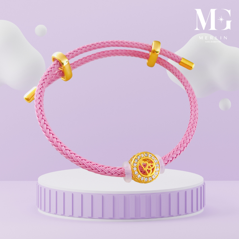 916 Gold Dazzling Round Heart Charm Paired with Nylon Braided Bracelet