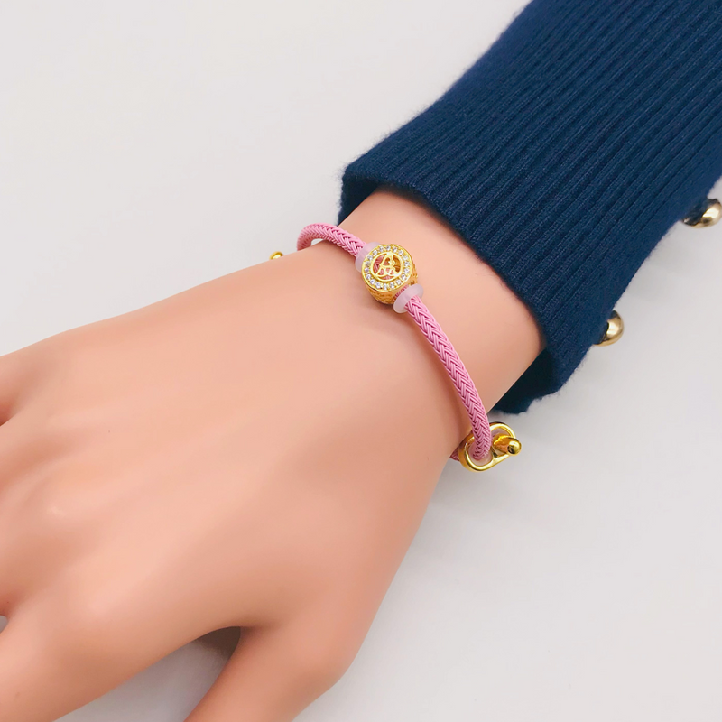 916 Gold Dazzling Round Heart Charm Paired with Nylon Braided Bracelet