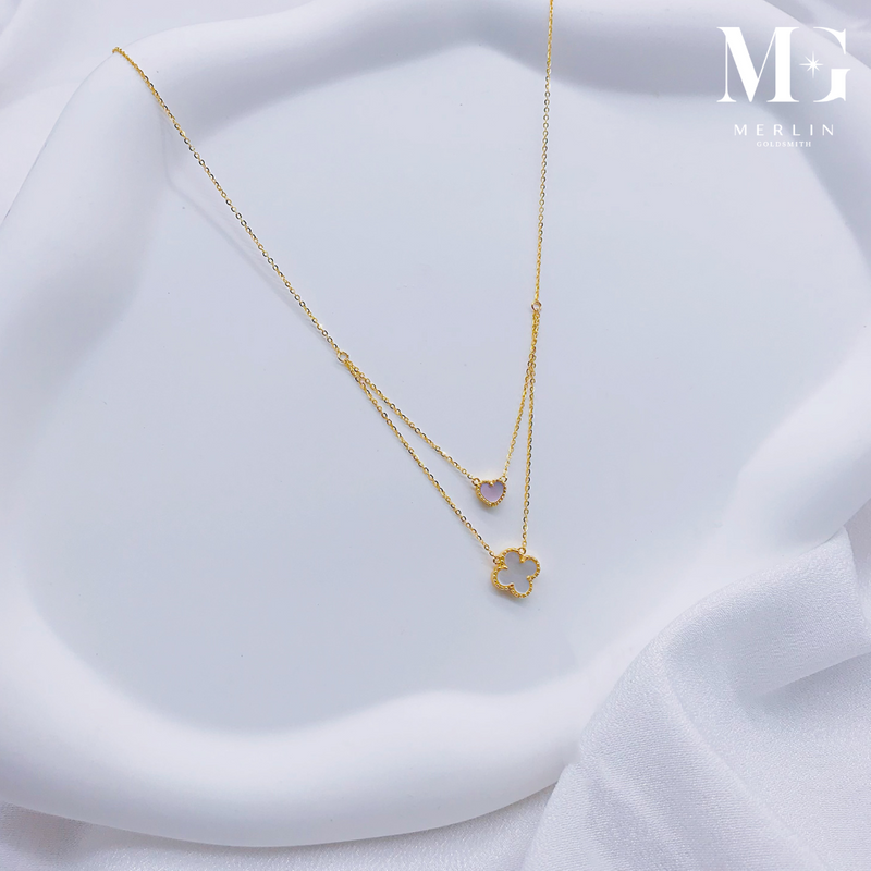 916 Gold Ginnie Series - Two Layer Necklace (Mother Of Pearl - Clover x Heart)