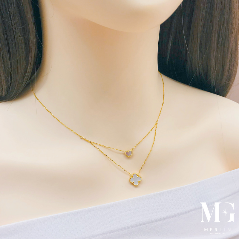 916 Gold Ginnie Series - Two Layer Necklace (Mother Of Pearl - Clover x Heart)