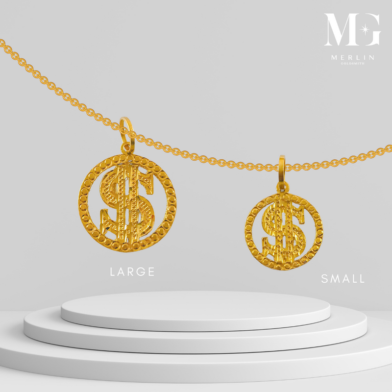 916 Gold Round Dollar Sign Pendant (Small & Large) 