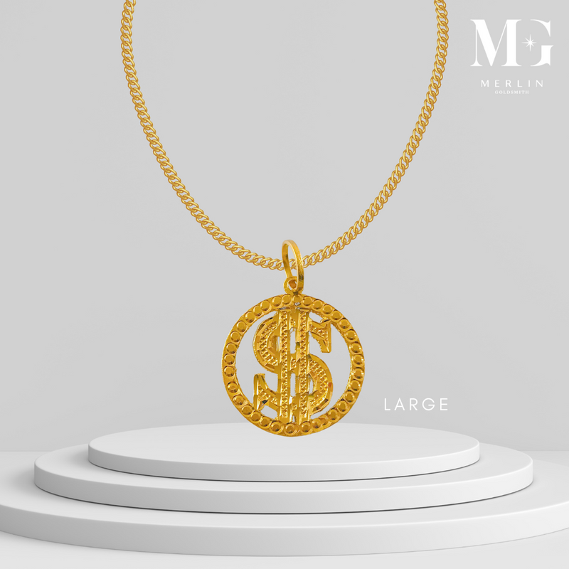 916 Gold Round Dollar Sign Pendant (Small & Large) 