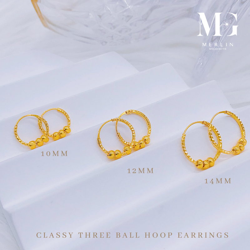 916 Gold Classy Three Ball Hoop Earrings (10mm / 12mm / 14mm)