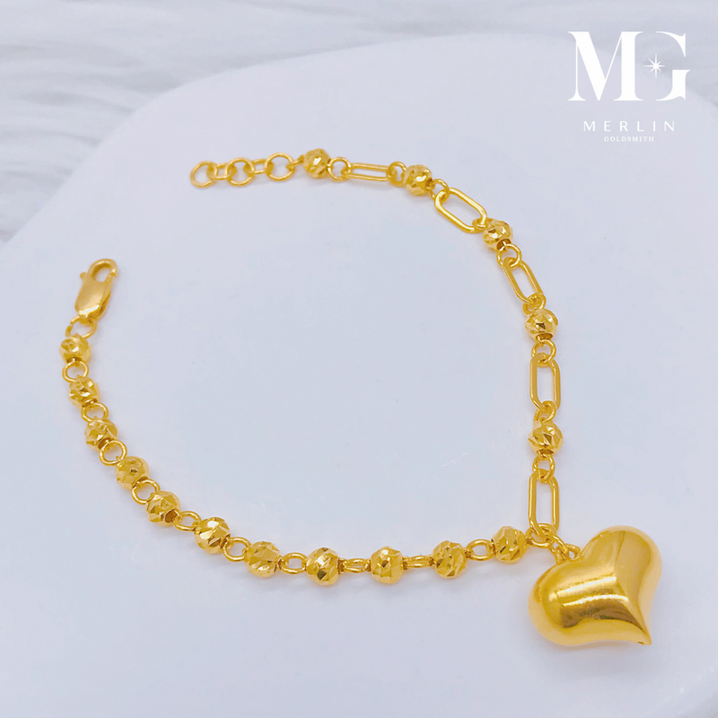 916 Gold Diamond Cut Ball x Link Chain with Dangle Big Glossy Puffed Heart Bracelet