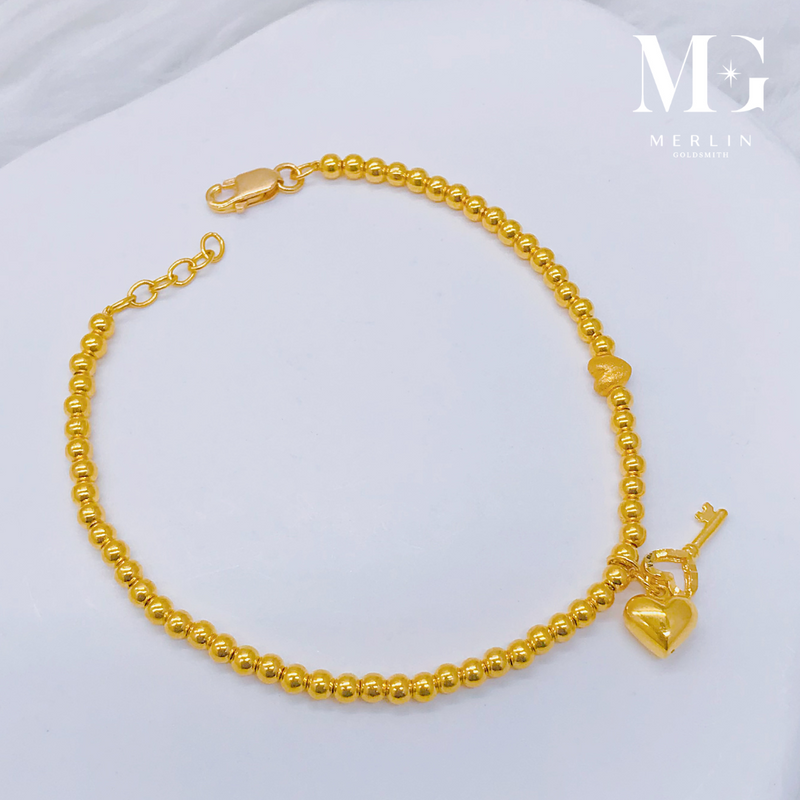 916 Gold Key to Your Heart Bracelet with Dangling Glossy Puffed Heart & Lovely Key