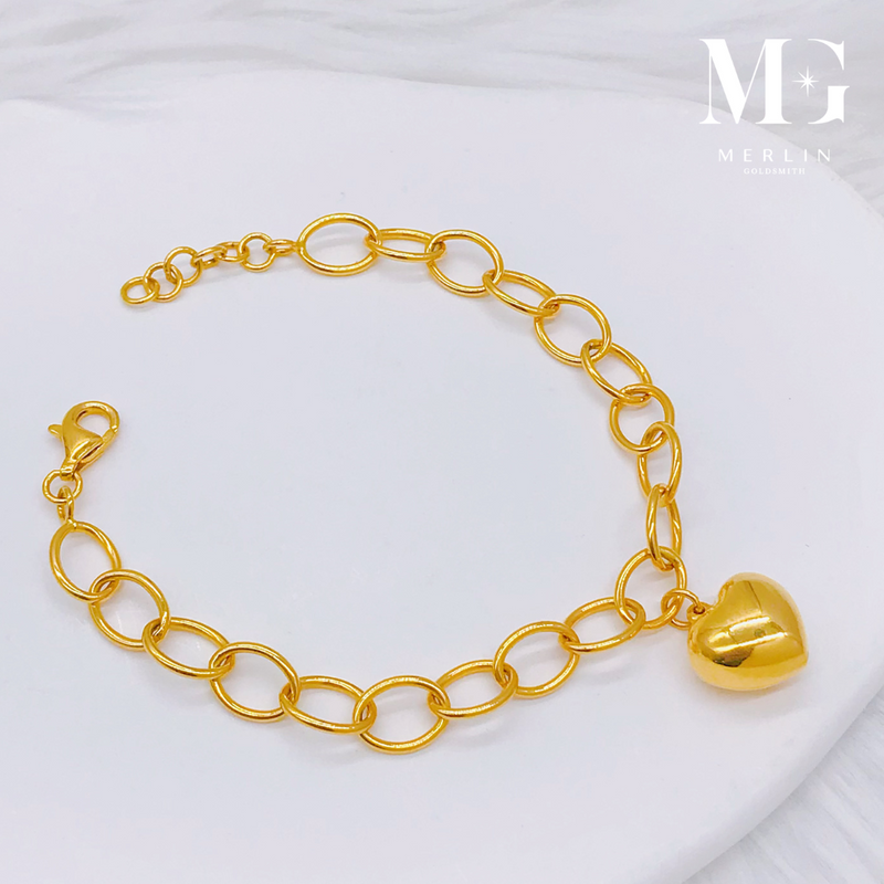 916 Gold Minimalist Link Chain with Dangle Glossy Puffed Heart Bracelet