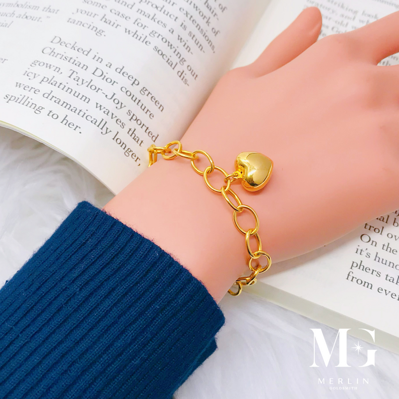 916 Gold Minimalist Link Chain with Dangle Glossy Puffed Heart Bracelet
