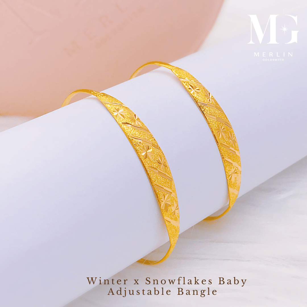 916 Gold Winter x Snowflakes Baby Adjustable Bangle | Merlin Goldsmith