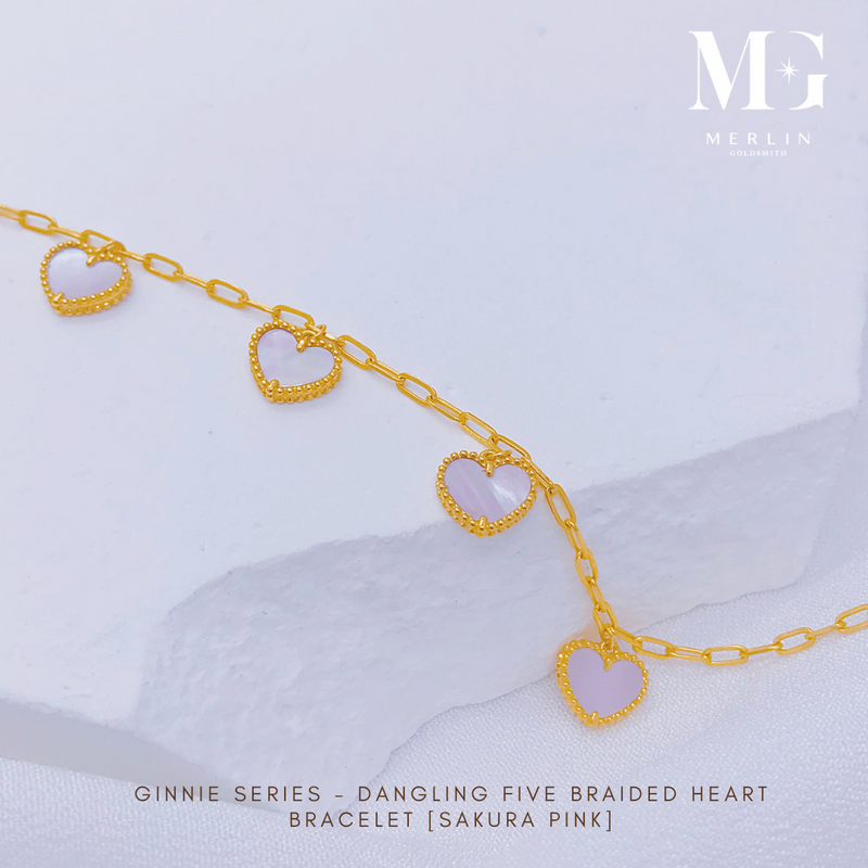 916 Gold Ginnie Series - Dangling Five Braided Heart Bracelet (Sakura Pink)