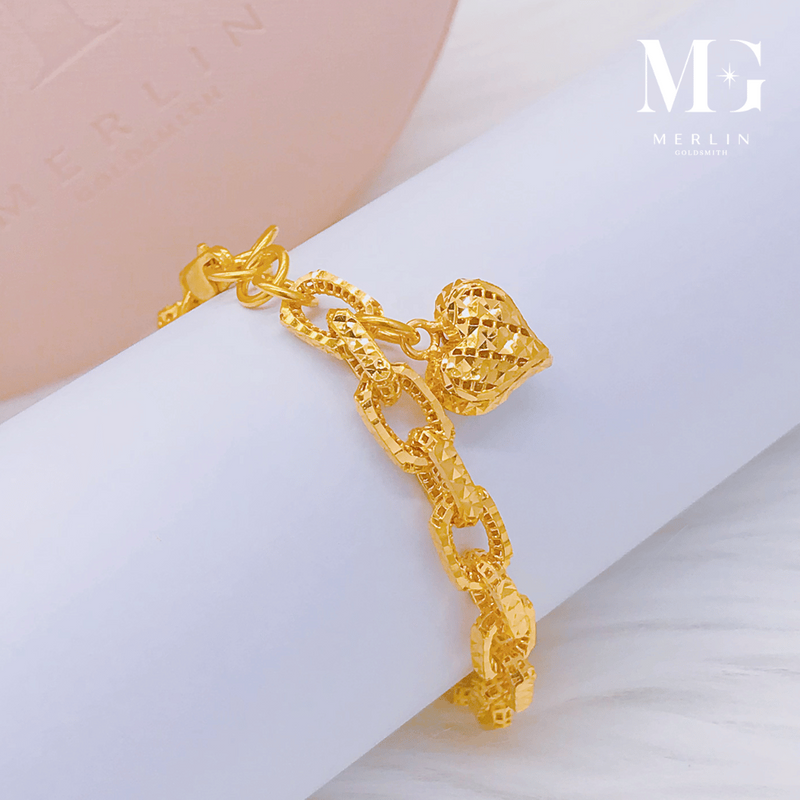 916 Gold (6mm) Hollow Link Chain with Dangling Puff Heart Bracelet