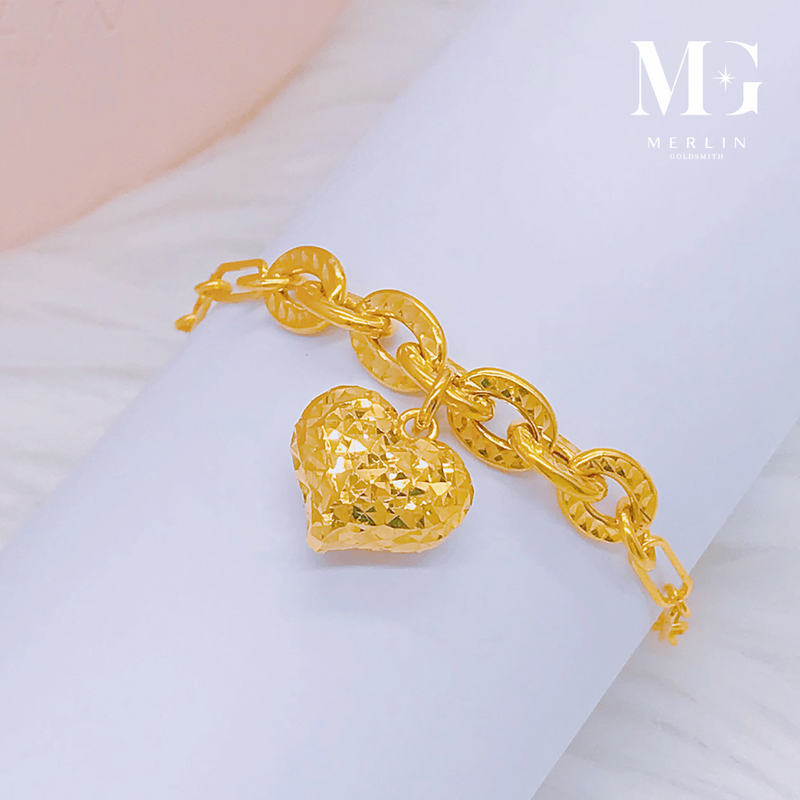 916 Gold Paperclip x Dangling Puffed Heart Bracelet