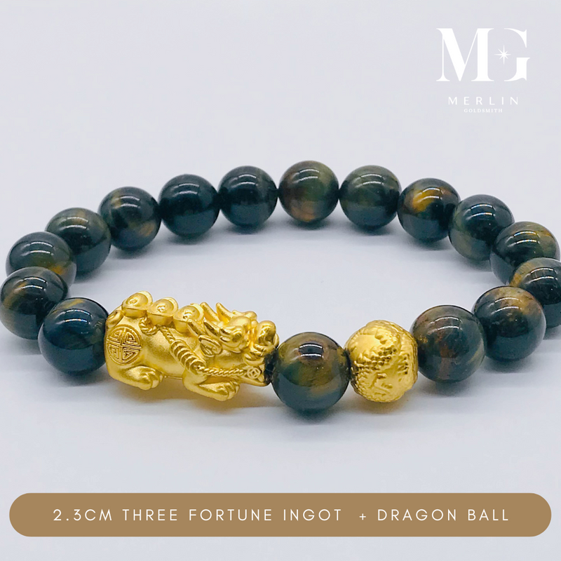 999 Pure Gold (2.3cm) Three Fortune Ingot Pixiu + Dragon Ball Paired With 10mm Tiger Eye Beads