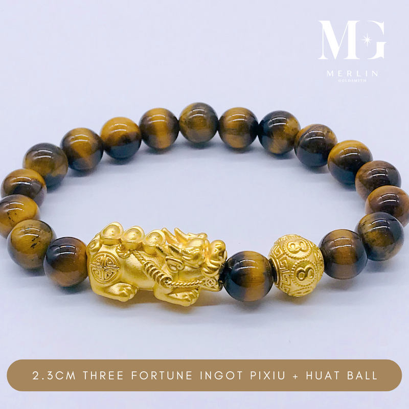 999 Pure Gold (2.3cm) Three Fortune Ingot Pixiu + Huat Ball Paired With 8mm Brown Tiger Eye Beads