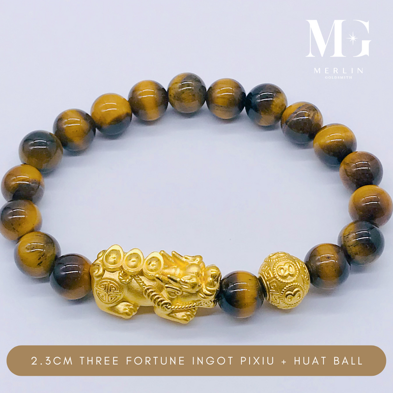 999 Pure Gold (2.3cm) Three Fortune Ingot Pixiu + Huat Ball Paired With 8mm Brown Tiger Eye Beads