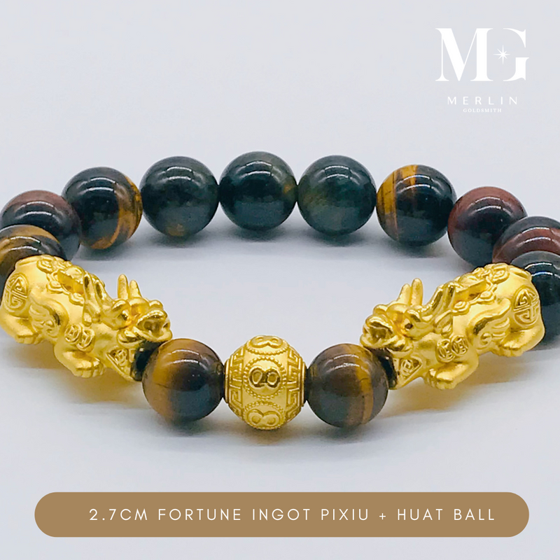 999 Pure Gold (2.7cm) Fortune Ingot Pixiu + Huat Ball Paired With 12mm Tiger Eye Beads