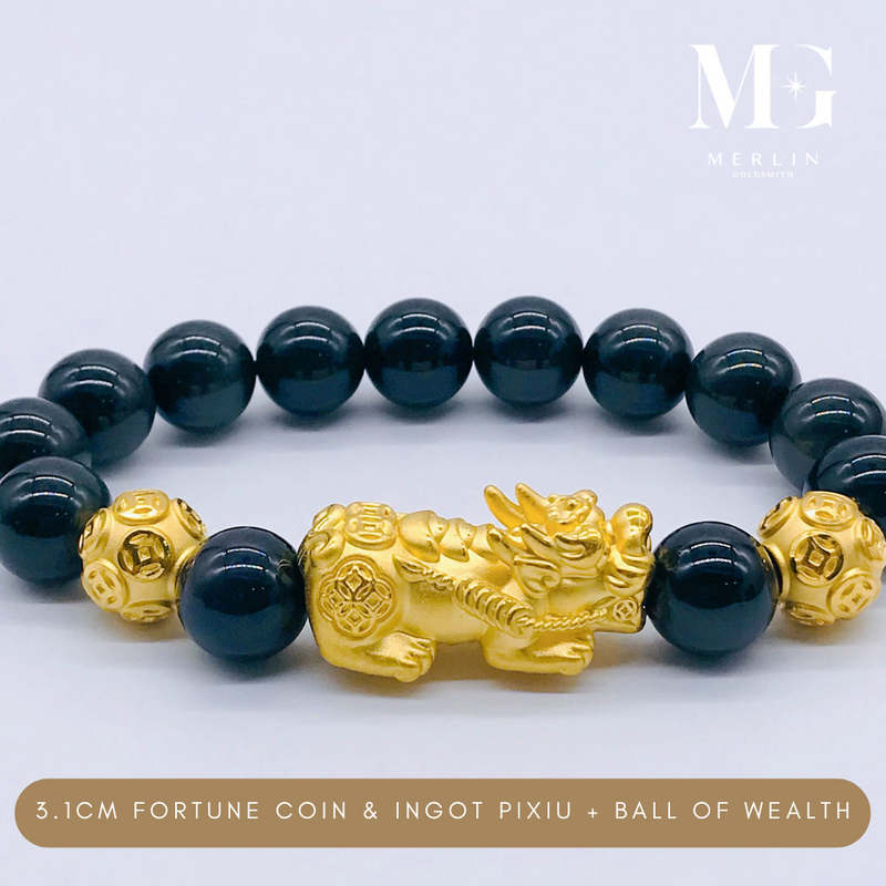 999 Pure Gold (3.1cm) Fortune Coin With Ingot Pixiu + Ball Of Wealth Paired With 12mm Obsidian Beads