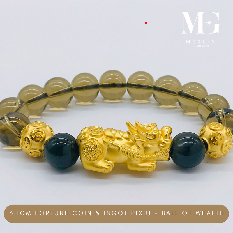999 Pure Gold (3.1cm) Fortune Coin With Ingot Pixiu + Ball Of Wealth Paired With 12mm Smoky Quartz Beads