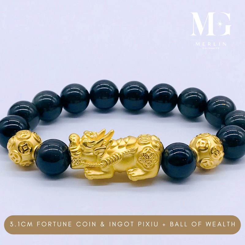 999 Pure Gold (3.1cm) Fortune Coin With Ingot Pixiu + Ball Of Wealth Paired With 12mm Obsidian Beads