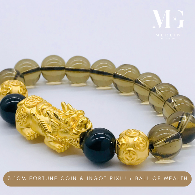 999 Pure Gold (3.1cm) Fortune Coin With Ingot Pixiu + Ball Of Wealth Paired With 12mm Smoky Quartz Beads